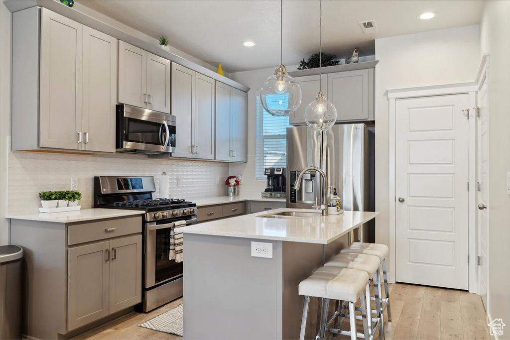Kitchen with a center island with sink, light countertops, a sink, appliances with stainless steel finishes, and gray cabinetry
