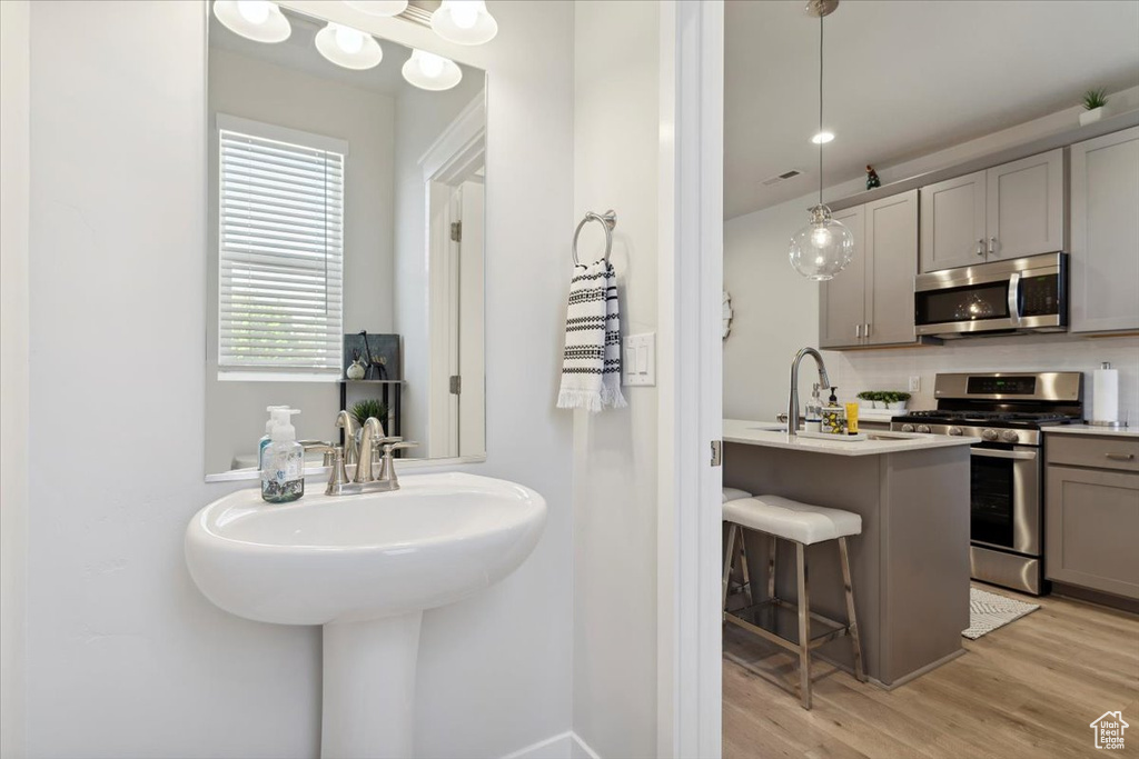 Bathroom featuring decorative backsplash, a sink, and wood finished floors