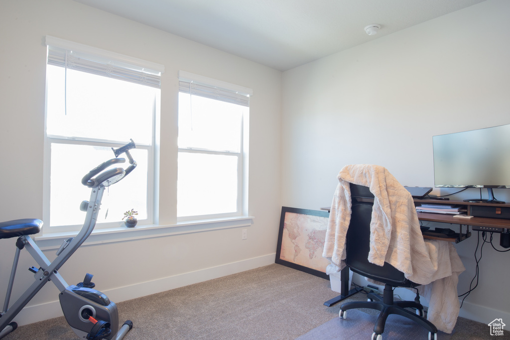Home office with baseboards and carpet floors