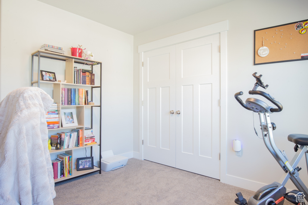 Recreation room with carpet flooring
