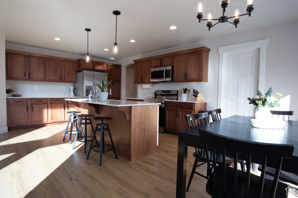 Kitchen with light wood finished floors, light countertops, a chandelier, an island with sink, and stainless steel appliances