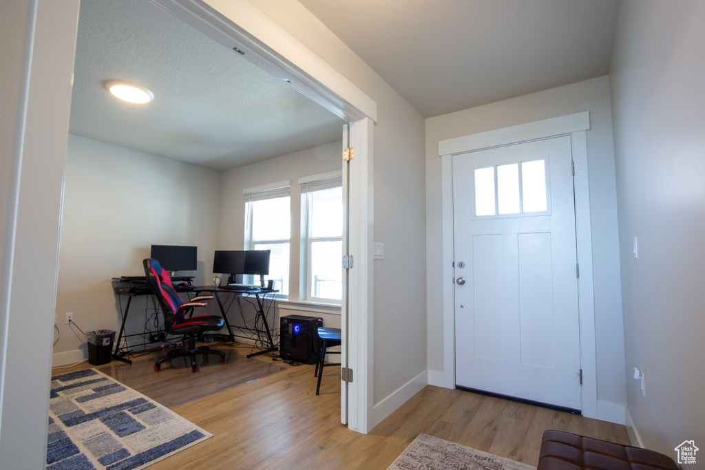 Foyer entrance with baseboards, a healthy amount of sunlight, and wood finished floors