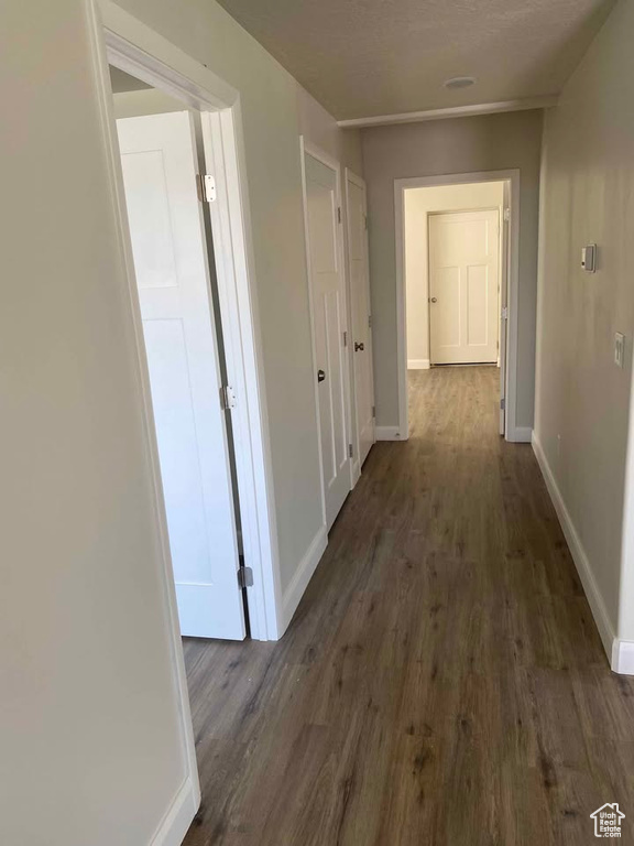 Hall with dark wood-type flooring and baseboards