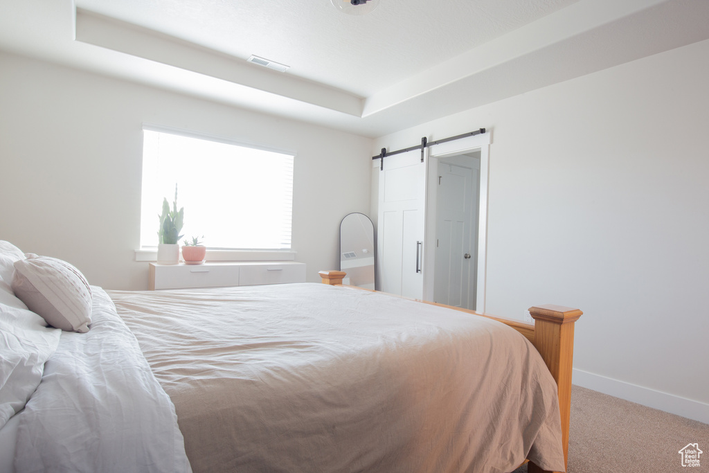 Bedroom featuring visible vents, a barn door, carpet floors, baseboards, and a raised ceiling