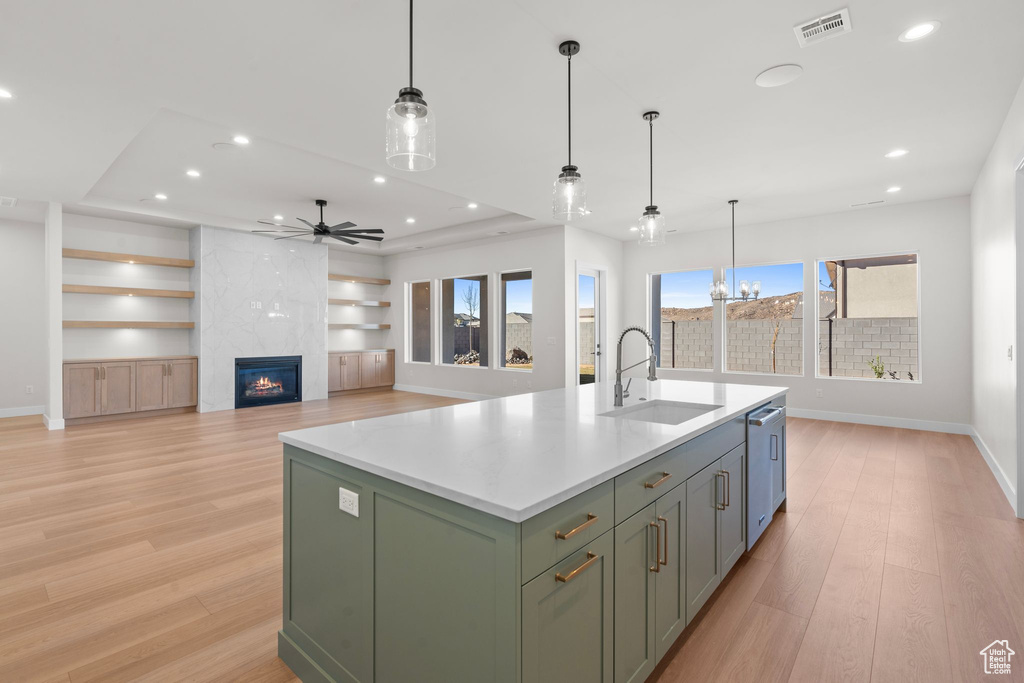 Kitchen with baseboards, visible vents, a sink, and light wood-style flooring