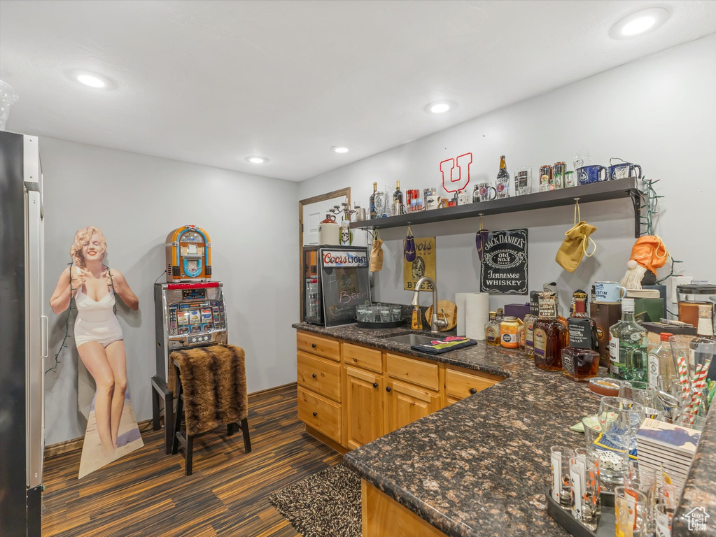 Bar featuring recessed lighting, a sink, a bar, and dark wood-type flooring