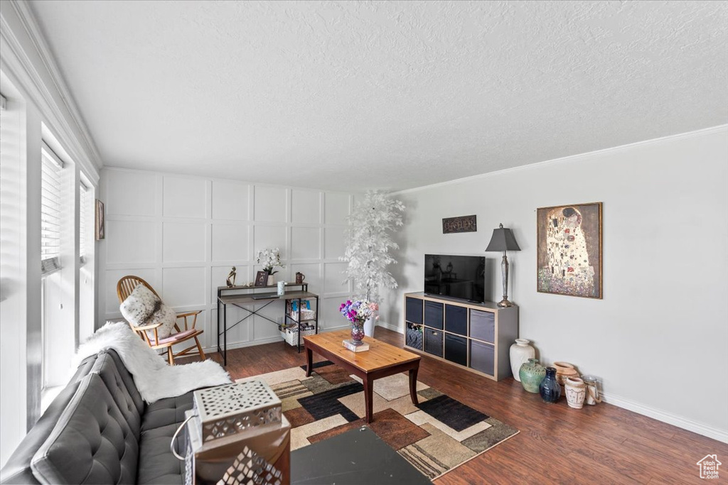Living room featuring a textured ceiling, wood finished floors, a decorative wall, baseboards, and ornamental molding