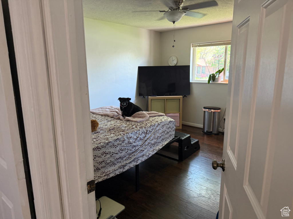 Bedroom featuring baseboards, ceiling fan, dark wood-style flooring, and a textured ceiling