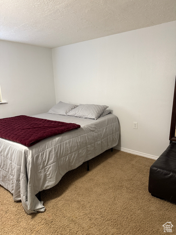Bedroom featuring carpet and a textured ceiling
