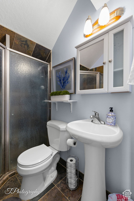 Full bathroom featuring tile patterned flooring, vaulted ceiling, a shower stall, a sink, and toilet