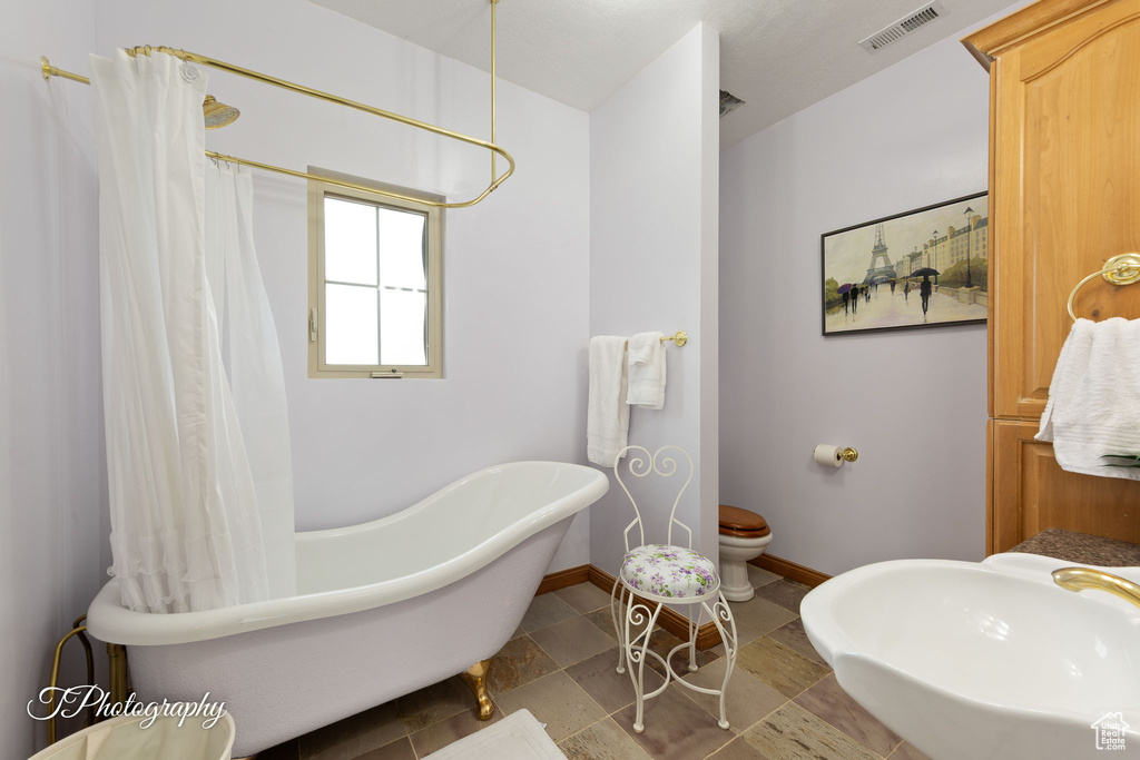 Bathroom featuring visible vents, toilet, a freestanding bath, a sink, and stone finish flooring