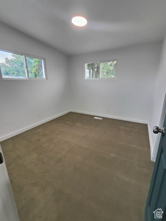 Spare room featuring plenty of natural light, baseboards, and dark colored carpet