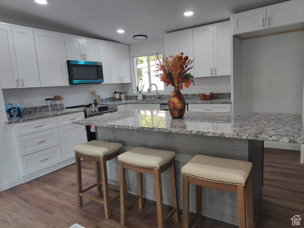Kitchen with appliances with stainless steel finishes, dark wood-type flooring, recessed lighting, white cabinetry, and a breakfast bar area