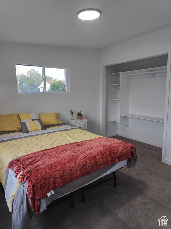 Carpeted bedroom featuring a closet