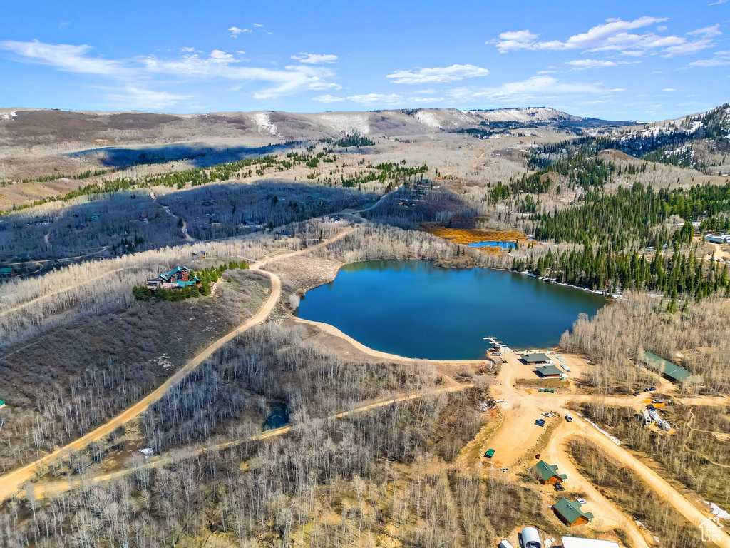 Drone / aerial view with a water and mountain view
