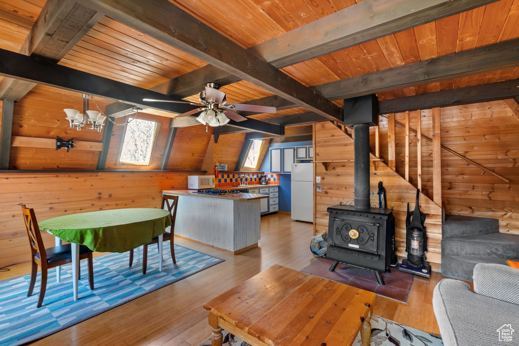 Living area featuring a wood stove, wood walls, light wood-type flooring, beamed ceiling, and wood ceiling