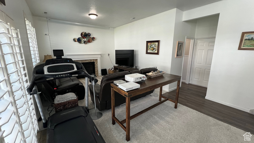 Living room with baseboards, a fireplace, and wood finished floors