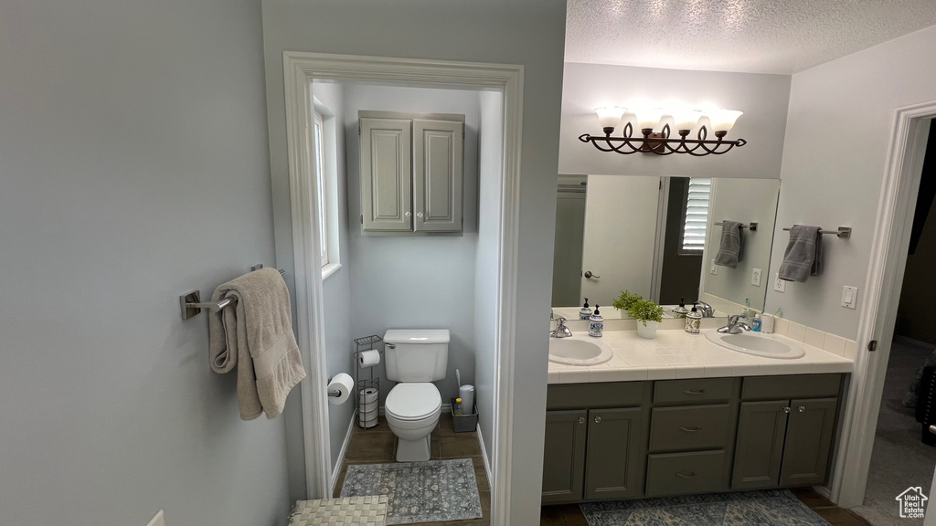 Bathroom with double vanity, toilet, an inviting chandelier, and a sink