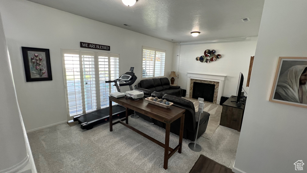 Living area featuring carpet floors, a premium fireplace, baseboards, and visible vents