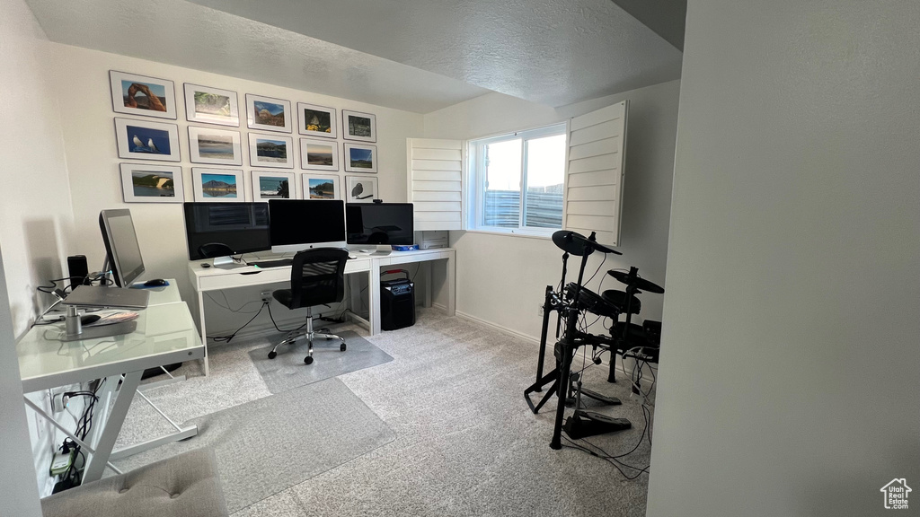 Carpeted office with baseboards and a textured ceiling