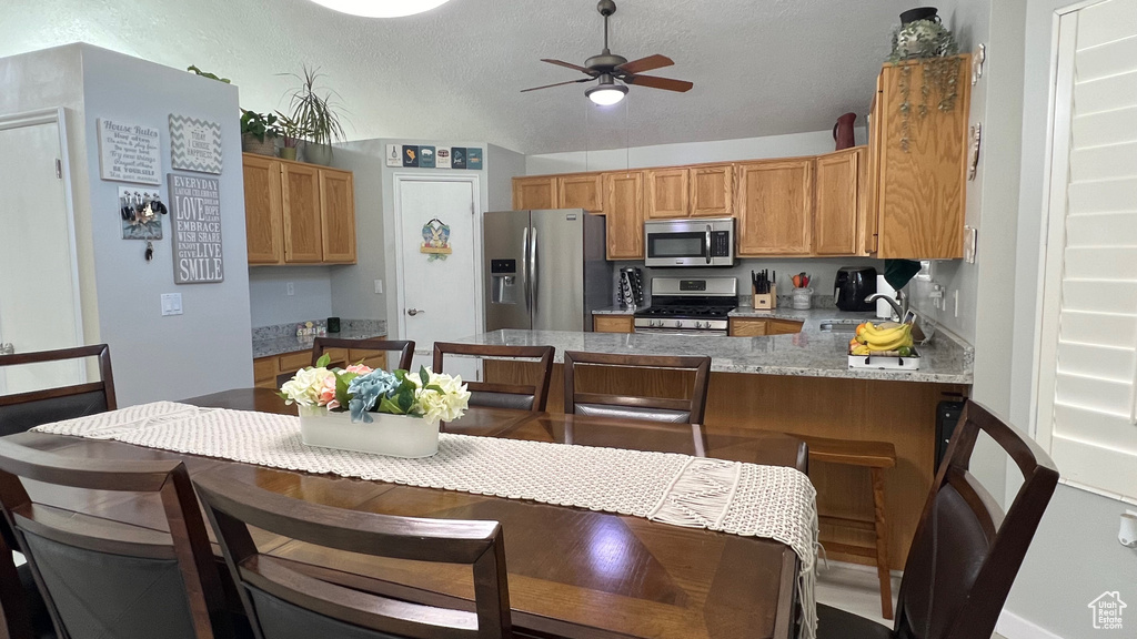 Kitchen with a sink, a peninsula, a textured ceiling, a ceiling fan, and stainless steel appliances