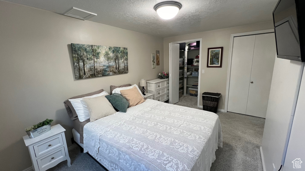 Bedroom with carpet flooring, a textured ceiling, two closets, and attic access
