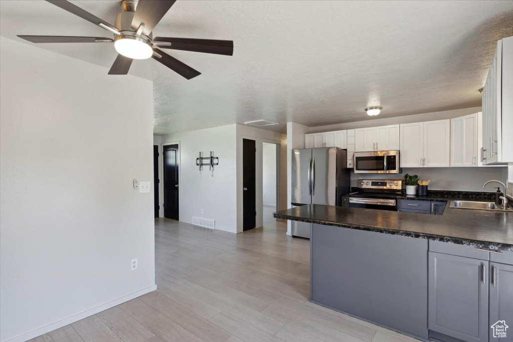 Kitchen featuring dark countertops, appliances with stainless steel finishes, a sink, a peninsula, and visible vents