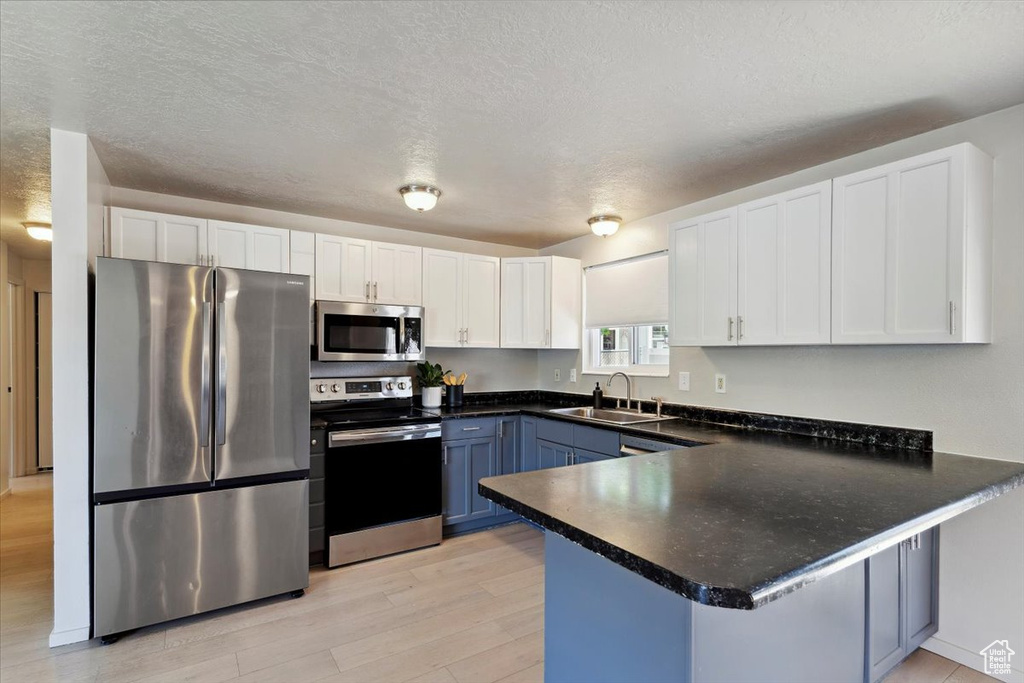 Kitchen with a peninsula, dark countertops, light wood-style floors, a sink, and appliances with stainless steel finishes