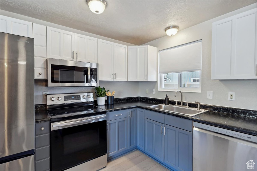 Kitchen with a sink, dark countertops, stainless steel appliances, and white cabinetry