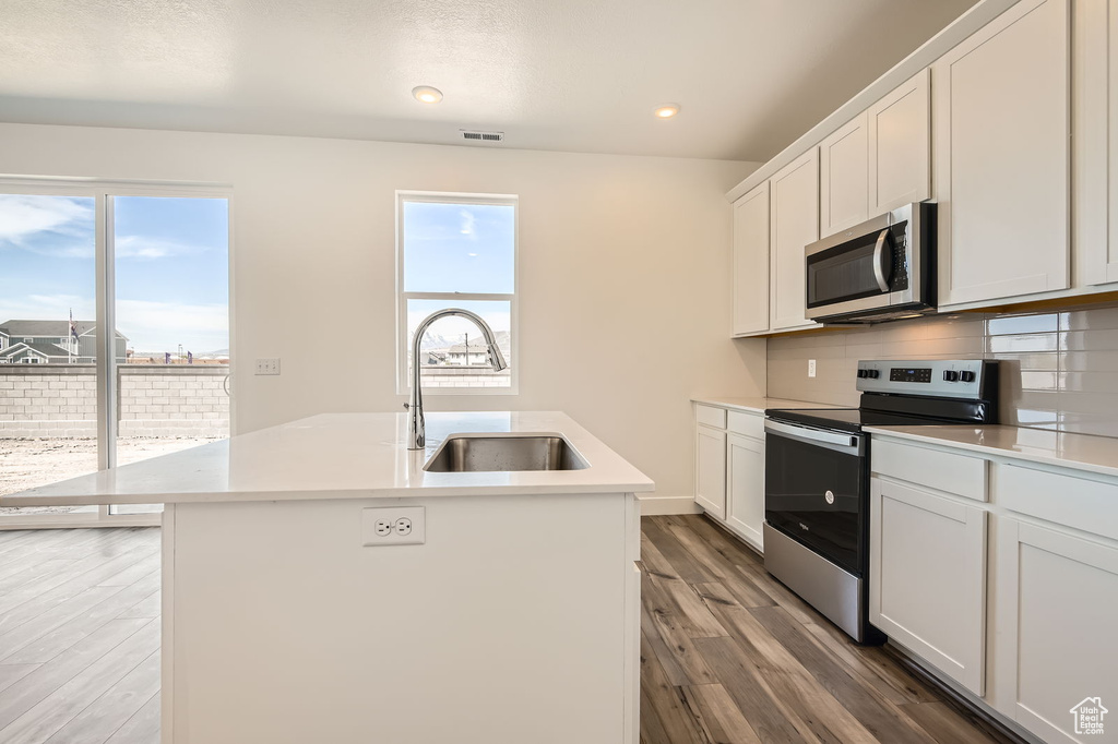 Kitchen with appliances with stainless steel finishes, a sink, wood finished floors, a center island with sink, and tasteful backsplash