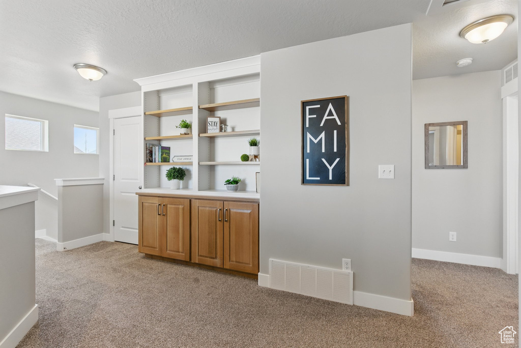 Interior space featuring baseboards, light carpet, and visible vents