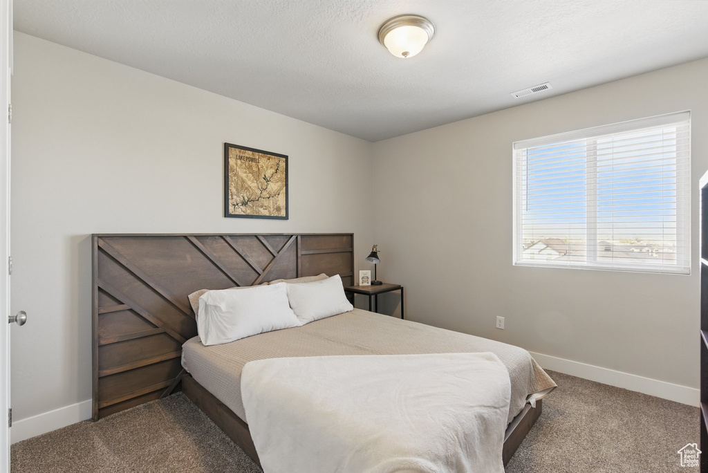 Bedroom with carpet flooring, baseboards, and visible vents