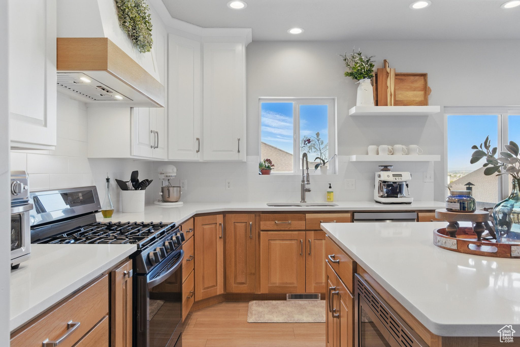 Kitchen with custom exhaust hood, light wood-type flooring, a sink, a wealth of natural light, and stainless steel appliances