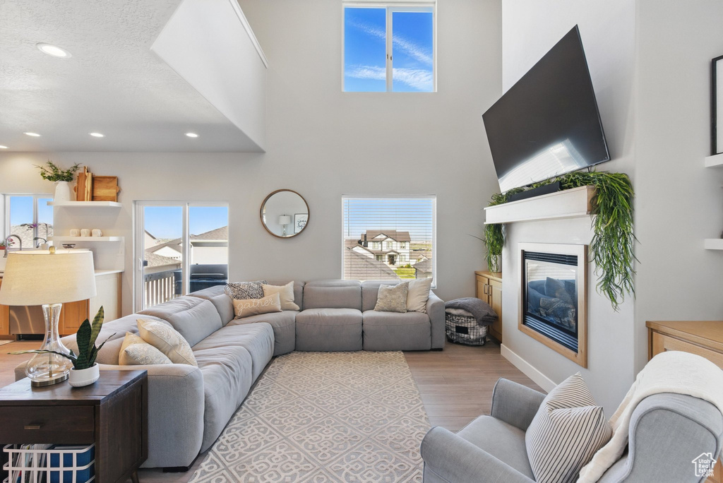 Living area featuring recessed lighting, a glass covered fireplace, and wood finished floors