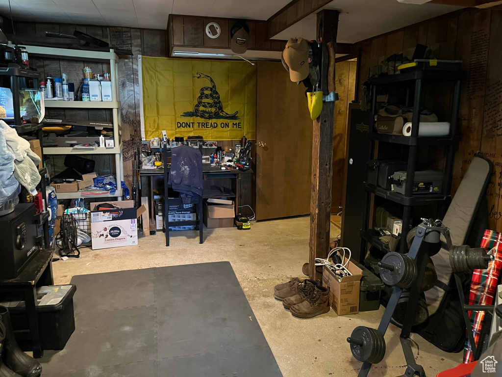Basement with a workshop area