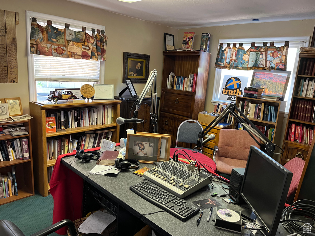 View of carpeted home office