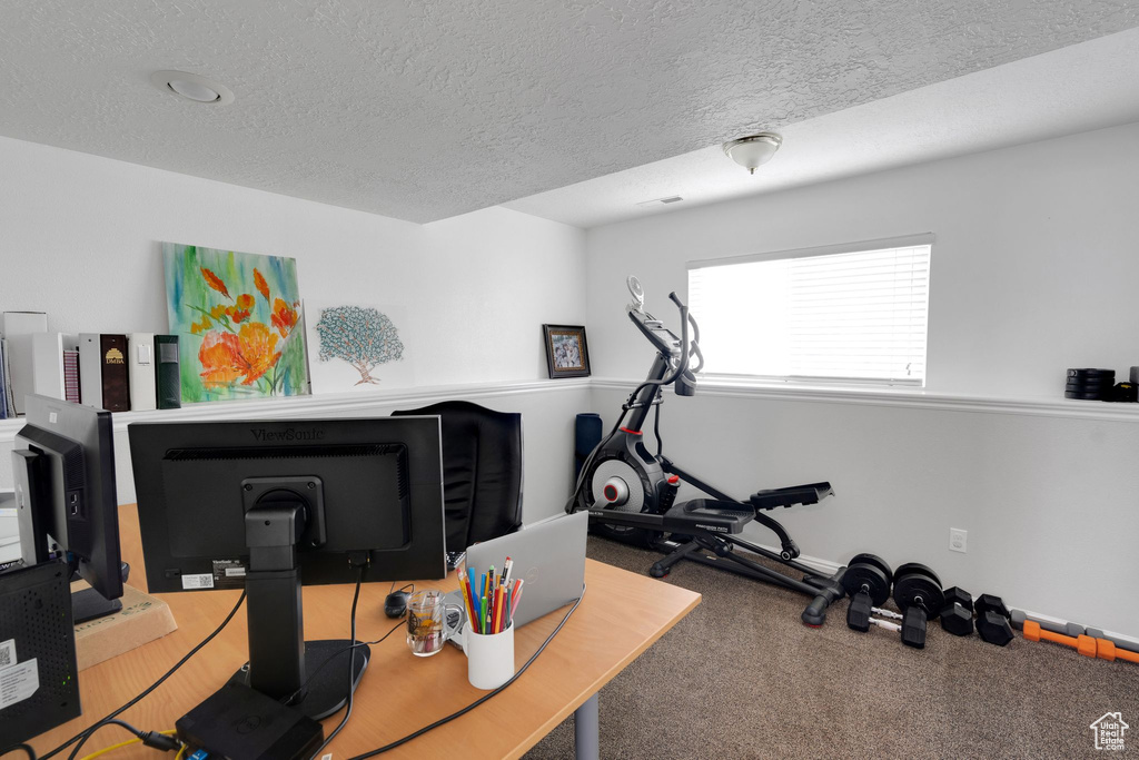 Carpeted home office with a textured ceiling