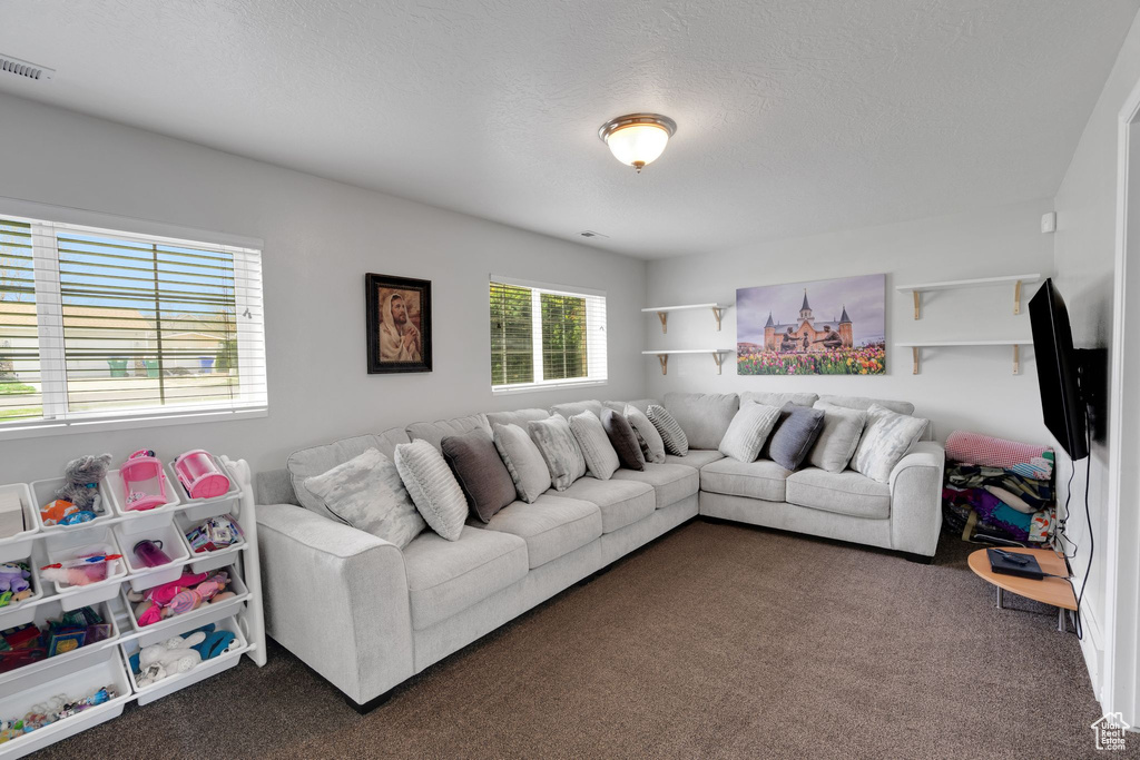 Living room featuring a textured ceiling, visible vents, and dark carpet