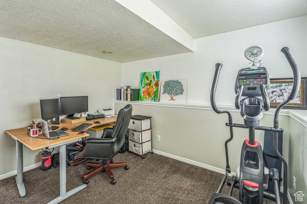 Carpeted home office with baseboards and a textured ceiling