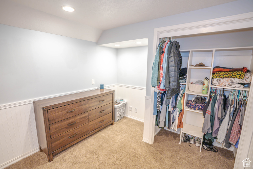 Spacious closet featuring light carpet