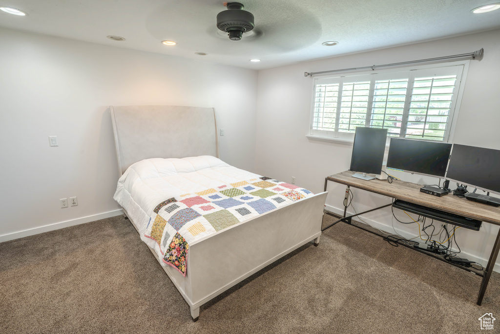 Bedroom with recessed lighting, carpet flooring, and baseboards