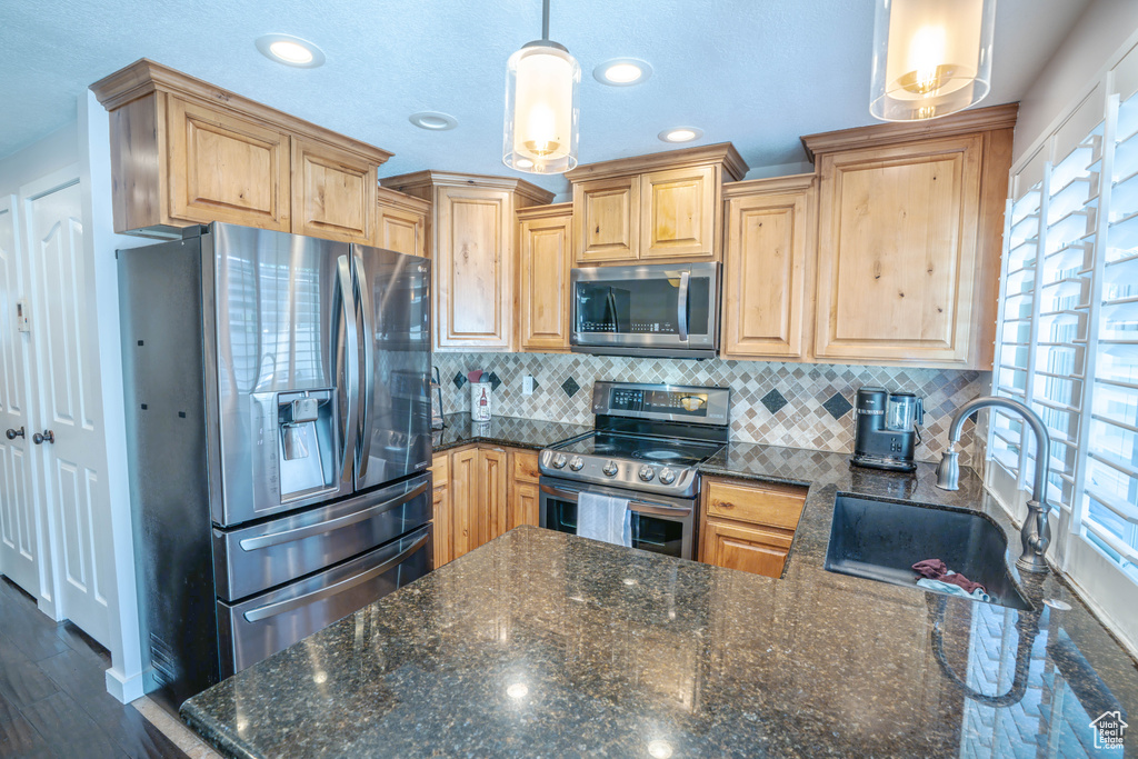 Kitchen with a sink, light brown cabinetry, stainless steel appliances, and a wealth of natural light