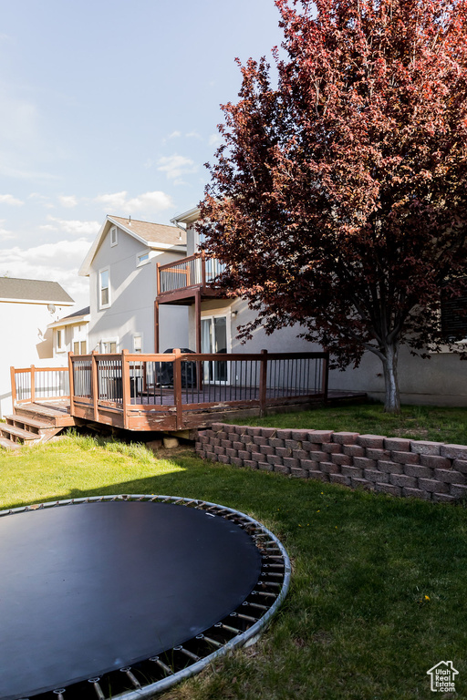 Rear view of property featuring a trampoline, a yard, a deck, and a balcony