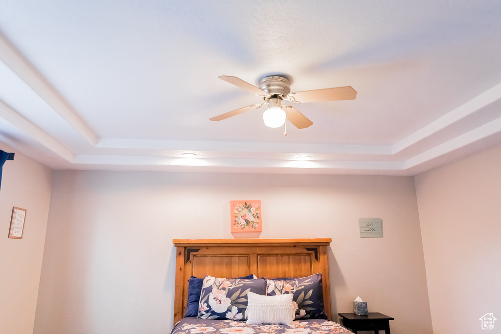 Bedroom with a ceiling fan and a tray ceiling