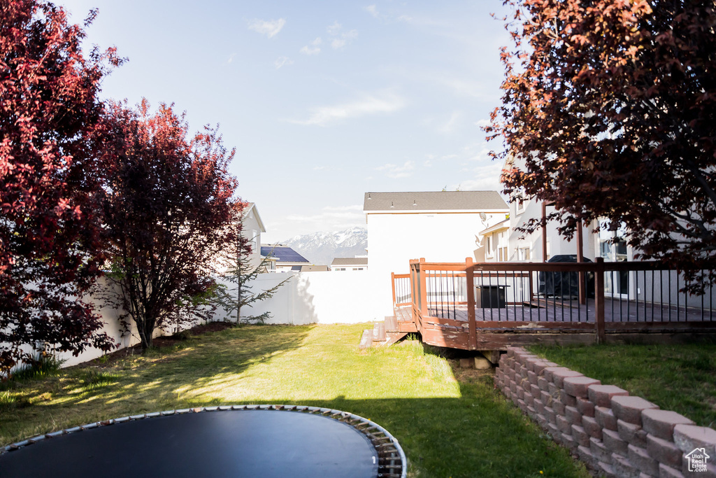 View of yard with a fenced backyard and a deck