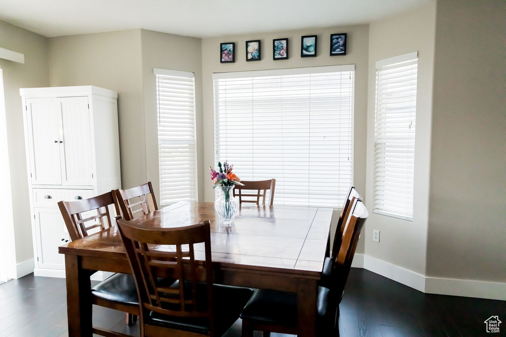 Dining room with dark wood-type flooring and baseboards