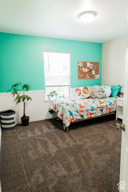 Carpeted bedroom featuring a wainscoted wall
