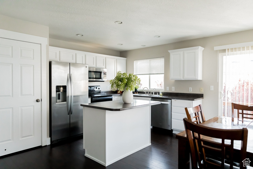 Kitchen with stainless steel appliances, dark countertops, white cabinetry, and a wealth of natural light