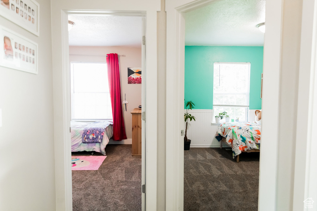 Hall featuring wainscoting, dark colored carpet, and a textured ceiling