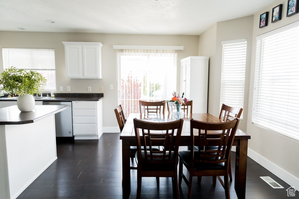 Dining space featuring baseboards, visible vents, and dark wood-type flooring